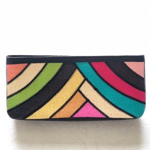 Colorful ratan and leather clutch